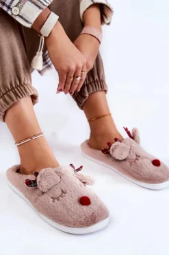 Damskie Świąteczne Futrzane Papcie Z Reniferem Beżowe Clarie