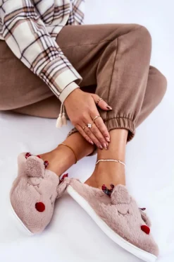 Damskie Świąteczne Futrzane Papcie Z Reniferem Beżowe Clarie