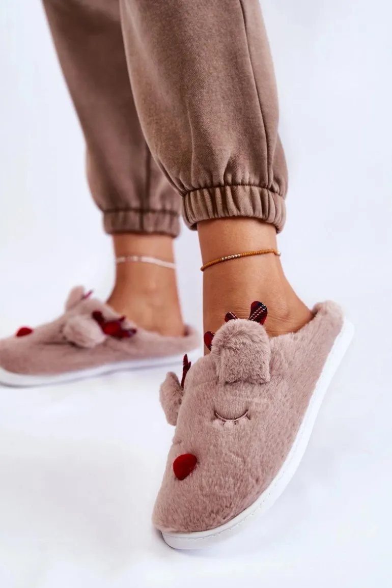 Damskie Świąteczne Futrzane Papcie Z Reniferem Beżowe Clarie