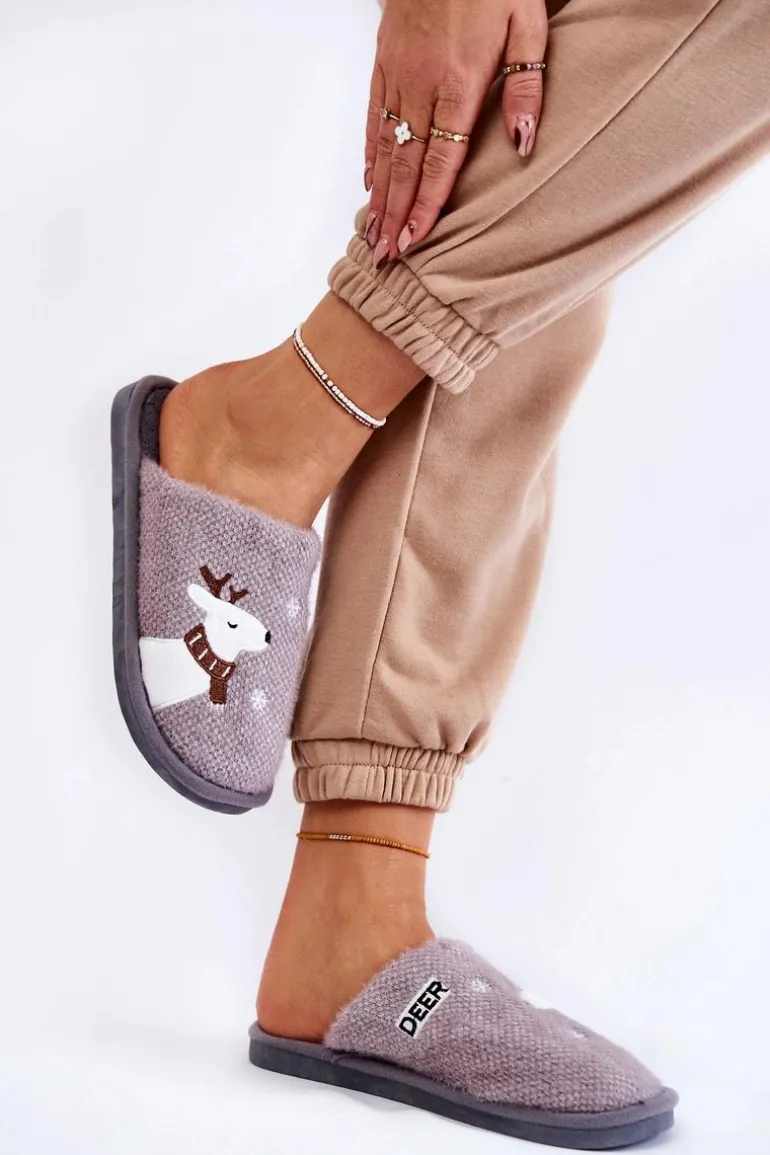 Damskie Świąteczne Papcie Z Reniferem Szare Millio