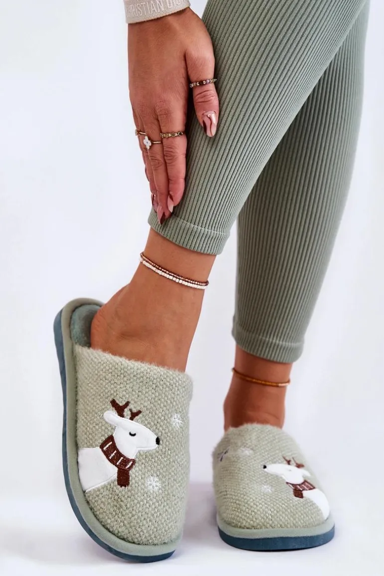 Damskie Świąteczne Papcie Z Reniferem Zielone Millio