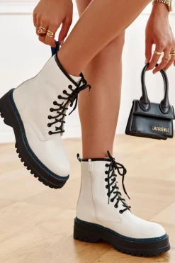 Damskie Wiązane Botki Glany Białe Callie