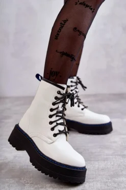 Damskie Wiązane Botki Glany Białe Callie