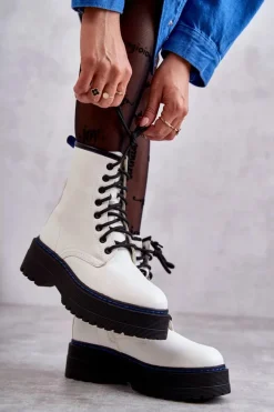 Damskie Wiązane Botki Glany Białe Callie