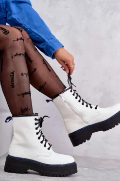 Damskie Wiązane Botki Glany Białe Callie