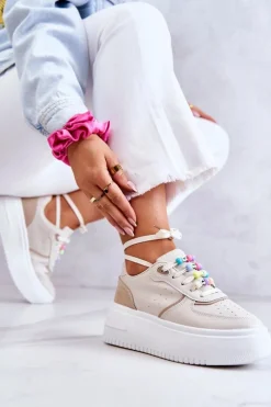 Damskie Wiązane Buty Sportowe Sneakersy Beżowe Manila