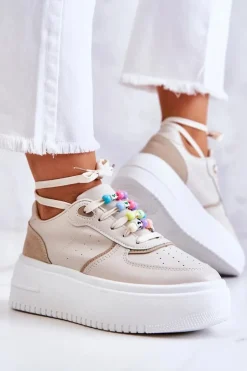 Damskie Wiązane Buty Sportowe Sneakersy Beżowe Manila
