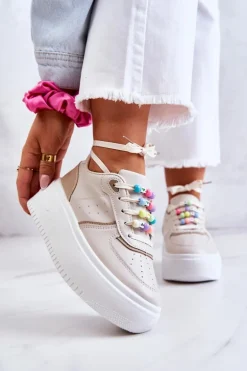 Damskie Wiązane Buty Sportowe Sneakersy Beżowe Manila