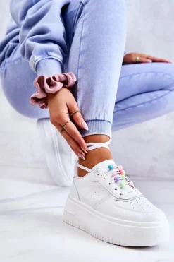 Damskie Wiązane Buty Sportowe Sneakersy Białe Manila
