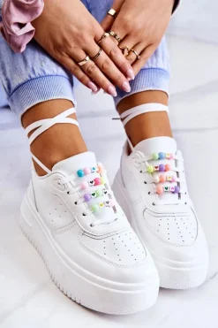 Damskie Wiązane Buty Sportowe Sneakersy Białe Manila