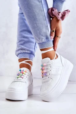 Damskie Wiązane Buty Sportowe Sneakersy Białe Manila