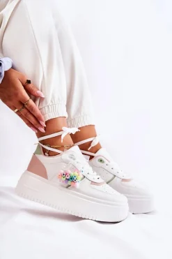 Damskie Wiązane Buty Sportowe Sneakersy Biało-Różowe Manila