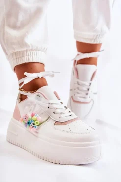 Damskie Wiązane Buty Sportowe Sneakersy Biało-Różowe Manila