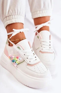 Damskie Wiązane Buty Sportowe Sneakersy Biało-Różowe Manila