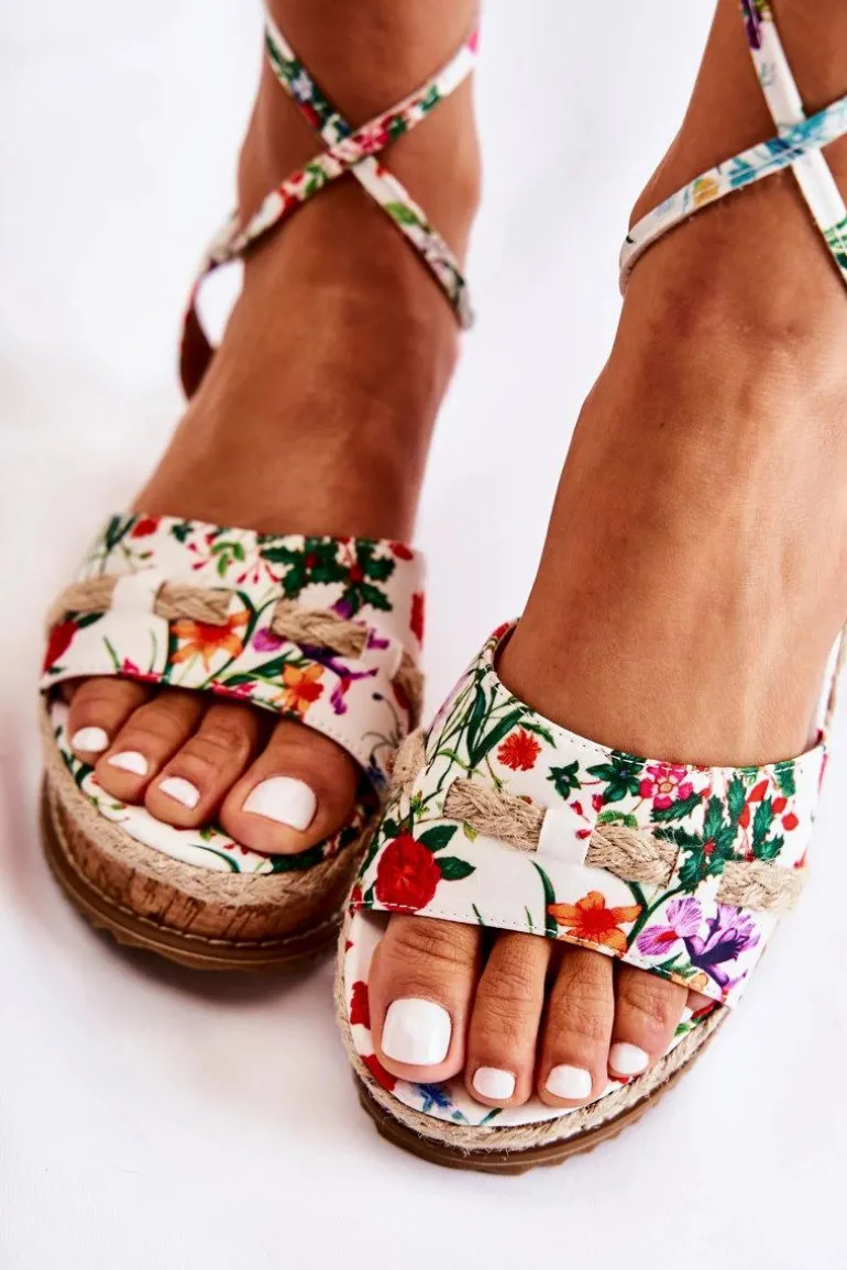 Damskie Wiązane Sandałki Espadryle W Kwiaty Białe Lamour