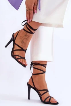 Damskie Wiązane Sandałki Na Szpilce Czarne Meya