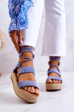 Damskie Wiązane Sandały Na Platformie Niebieskie Amrillo
