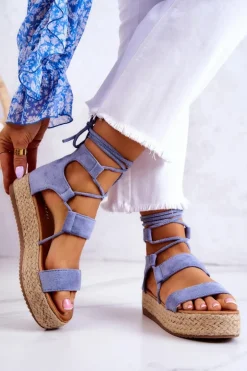 Damskie Wiązane Sandały Na Platformie Niebieskie Amrillo