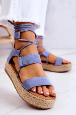 Damskie Wiązane Sandały Na Platformie Niebieskie Amrillo