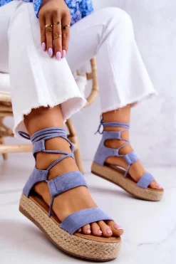 Damskie Wiązane Sandały Na Platformie Niebieskie Amrillo