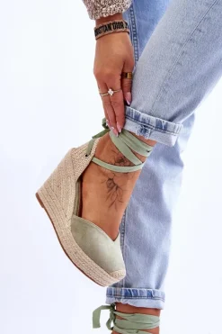 Damskie Wiązane Sandały Na Koturnie Zielone Bethany