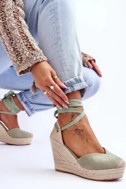 Damskie Wiązane Sandały Na Koturnie Zielone Bethany