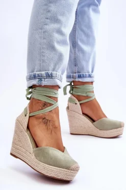 Damskie Wiązane Sandały Na Koturnie Zielone Bethany