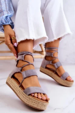 Damskie Wiązane Sandały Na Platformie Szare Amrillo