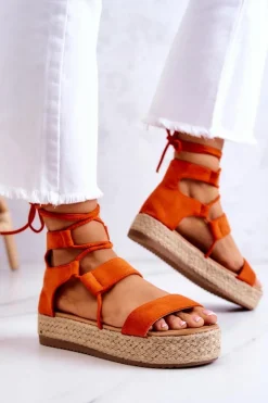 Damskie Wiązane Sandały Na Platformie Pomarańczowe Amrillo