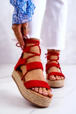 Damskie Wiązane Sandały Na Platformie Czerwone Amrillo