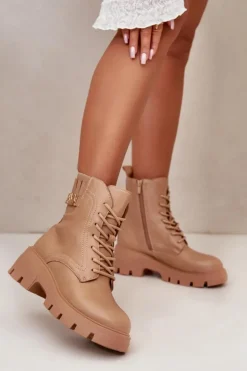 Damskie Workery Botki Na Zamek Sznurowane Z Eko Skóry Beżowe Naolani