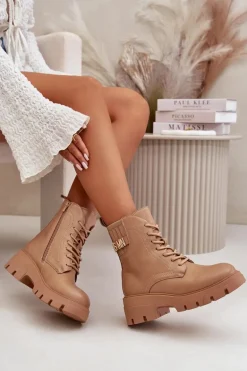 Damskie Workery Botki Na Zamek Sznurowane Z Eko Skóry Beżowe Naolani