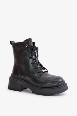 Damskie Workery Botki Ocieplane Ze Skóry Naturalnej Goe OO2N4115-W2 Czarne