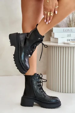 Damskie Workery Botki Ocieplane Ze Skóry Naturalnej Goe OO2N4115-W2 Czarne