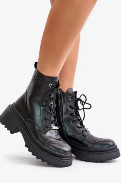 Damskie Workery Botki Ocieplane Ze Skóry Naturalnej Goe OO2N4115-W2 Czarne