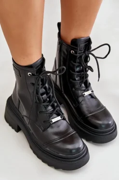 Damskie Workery Botki Ocieplane Ze Skóry Naturalnej Goe OO2N4115-W2 Czarne