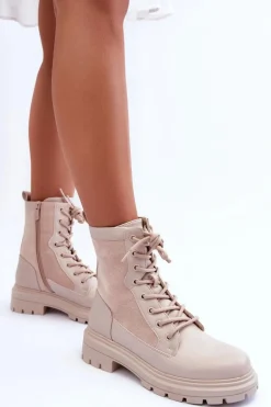 Damskie Workery Botki Skórzane Jasnobeżowe Faustina