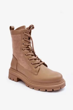 Damskie Workery Botki Skórzane Beżowe Faustina