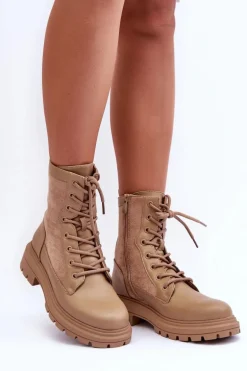 Damskie Workery Botki Skórzane Beżowe Faustina