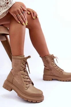 Damskie Workery Botki Skórzane Beżowe Faustina