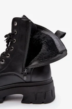 Damskie Workery Botki Sznurowane Na Płaskim Obcasie Czarne Brenhile