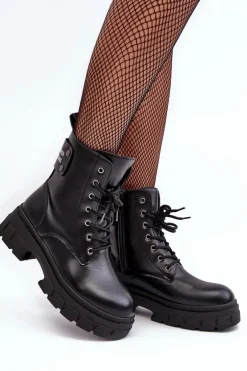 Damskie Workery Botki Sznurowane Na Płaskim Obcasie Czarne Brenhile