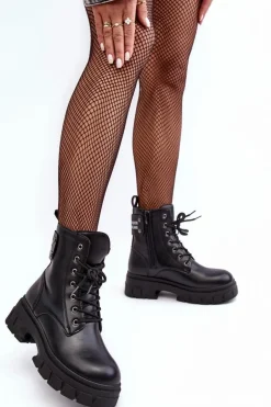 Damskie Workery Botki Sznurowane Na Płaskim Obcasie Czarne Brenhile