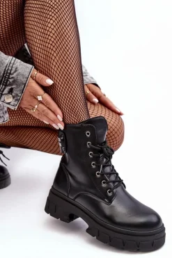Damskie Workery Botki Sznurowane Na Płaskim Obcasie Czarne Brenhile