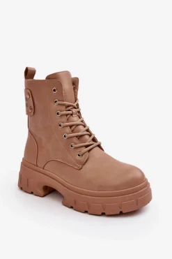 Damskie Workery Botki Sznurowane Na Płaskim Obcasie Beżowe Brenhile