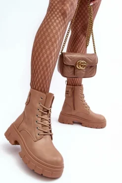 Damskie Workery Botki Sznurowane Na Płaskim Obcasie Beżowe Brenhile