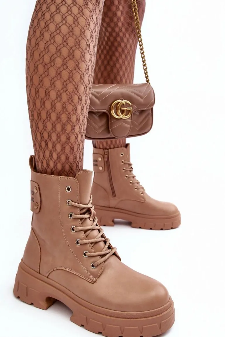 Damskie Workery Botki Sznurowane Na Płaskim Obcasie Beżowe Brenhile