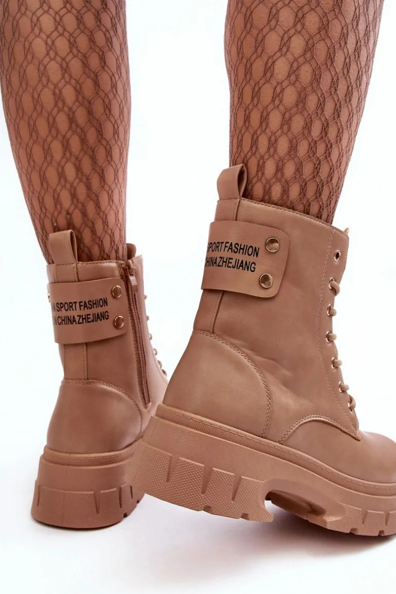 Damskie Workery Botki Sznurowane Na Płaskim Obcasie Beżowe Brenhile