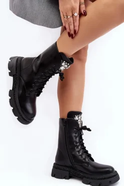 Damskie Workery Botki Ze Zdobieniem Czarne Ventora