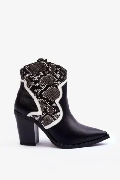 Damskie Wężowe Botki Kowbojki Czarno-Białe Leara